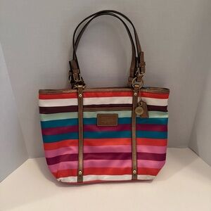 Coach Legacy Satin Vibrant Multi Colored Stripe Tote with Leather Accents